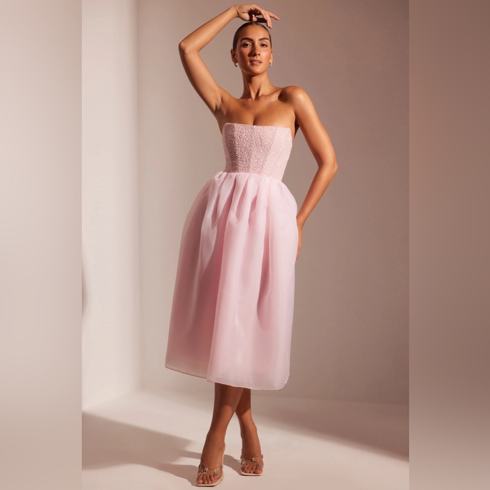 OH POLLY Bellished Corset Tulle Skirt Midi Dress in Blush